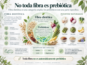 Fibra dietética es una categoría amplia; los prebióticos son una parte específica.
