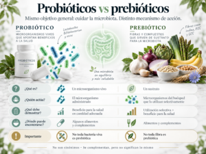 probióticos vs prebióticos: mismo objetivo general - cuidar la microbiota. Pero distinto mecanismo de acción.